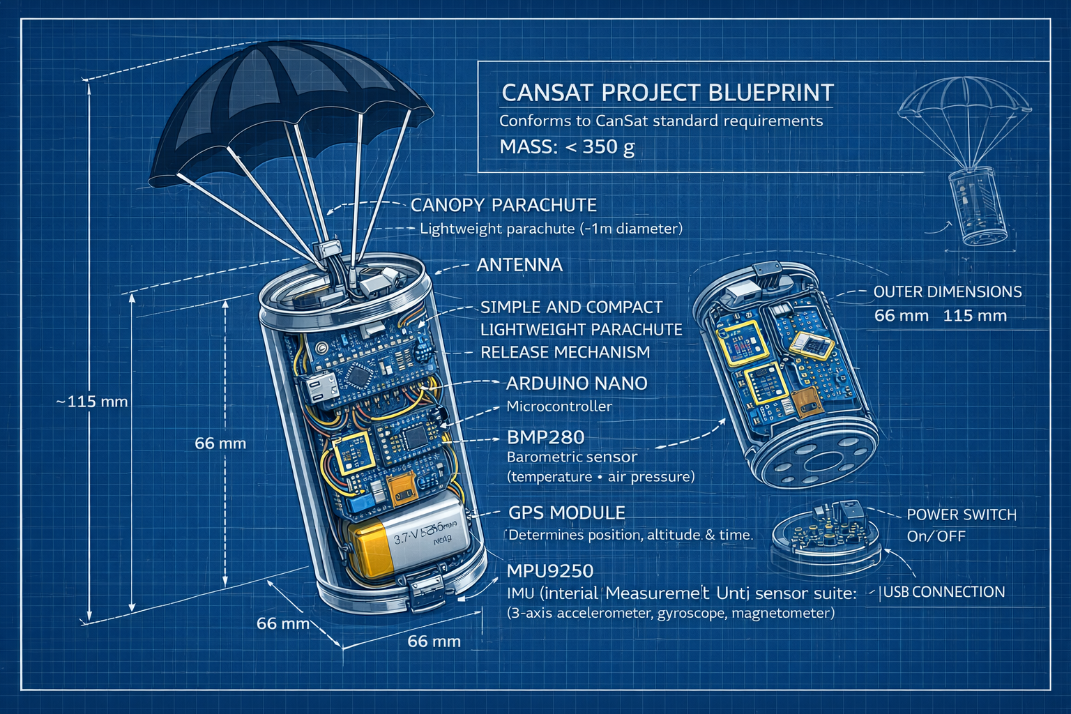 CanSat blueprint showing dimensions and main modules